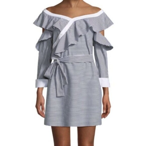LAUNDRY BY SHELLI SEGAL Striped Cold-Shoulder Waist Tie Ruffled Dress Size 0 - Picture 1 of 9
